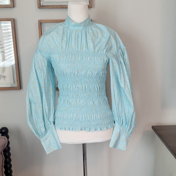 GANNI Shirred Floral-Print Organic Cotton-Blend Poplin Blouse. Sz. Large 8/10 - Picture 6 of 11